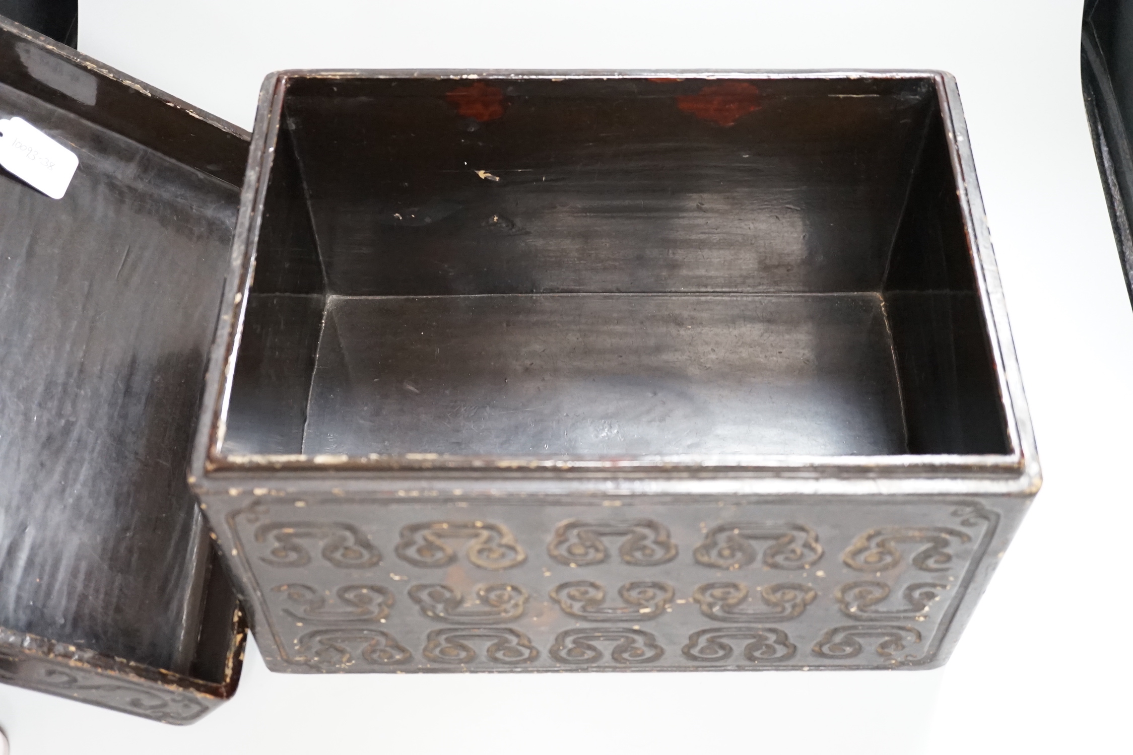 A Chinese tixi style lacquer box, 36cm wide, 26cm high